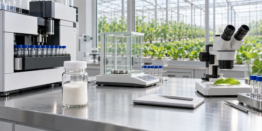 Chlorantraniliprole technical quality control laboratory with HPLC testing and crop leaf inspection