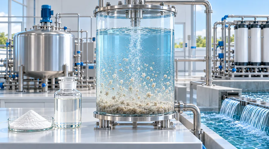 Aluminum Chlorohydrate powder and solution demonstrating floc formation and water clarification