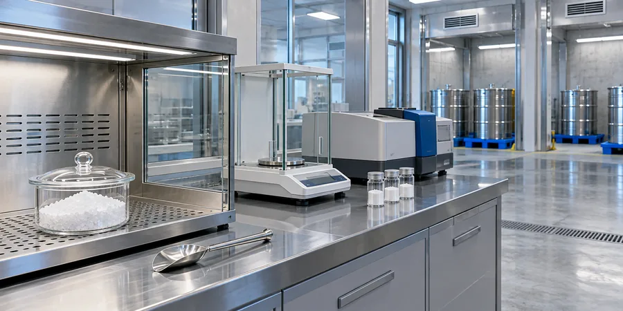 Potassium perchlorate crystals undergoing quality control with analytical equipment and segregated oxidizer storage