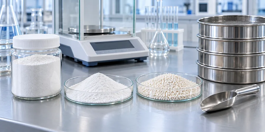 Calcium hydrogen phosphate DCP powder and granules undergoing particle size and quality control testing