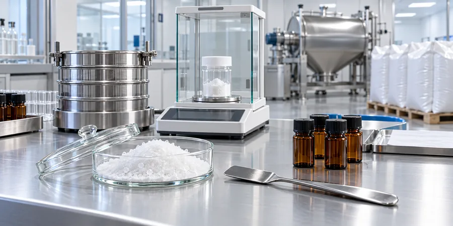 Dimethyl sulfone MSM crystals with particle size testing, analytical balance and bulk powder quality control
