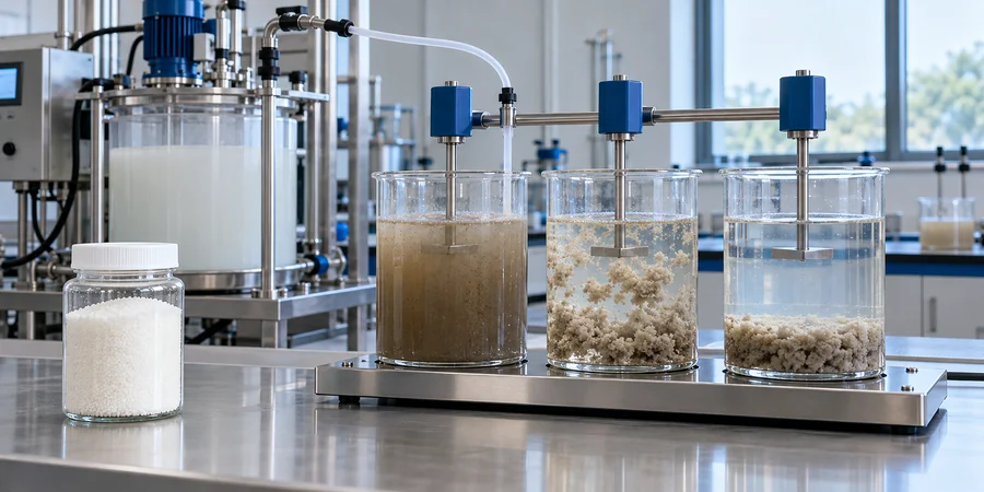 Polyacrylamide PAM preparation and wastewater flocculation jar test showing clarified water and settled solids