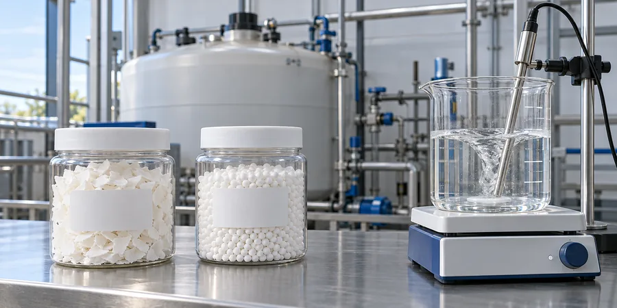 Calcium chloride flakes and pellets with controlled industrial brine preparation and temperature monitoring