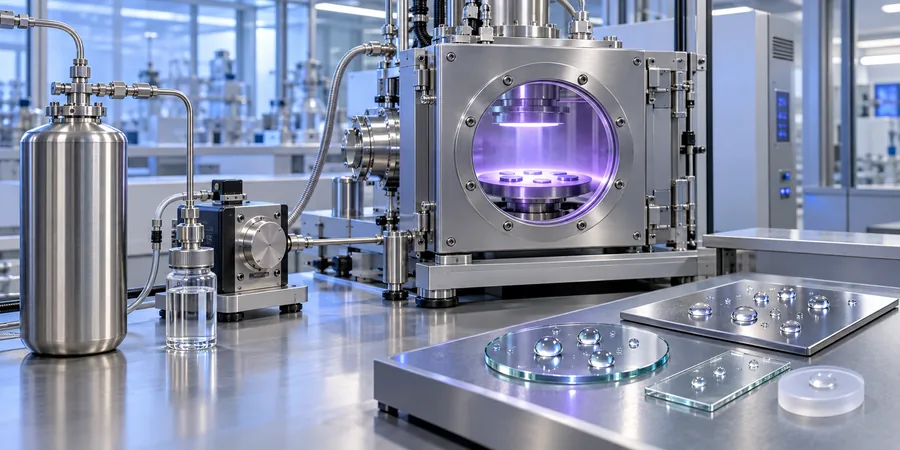 Hexamethyldisiloxane HMDSO closed transfer, plasma coating chamber and hydrophobic surface samples