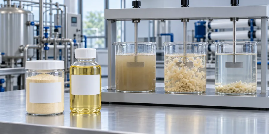 Polyaluminium Chloride PAC pulver og v&aelig;skepr&oslash;ver med koagulasjonsbeholdertesting og klarnet vann