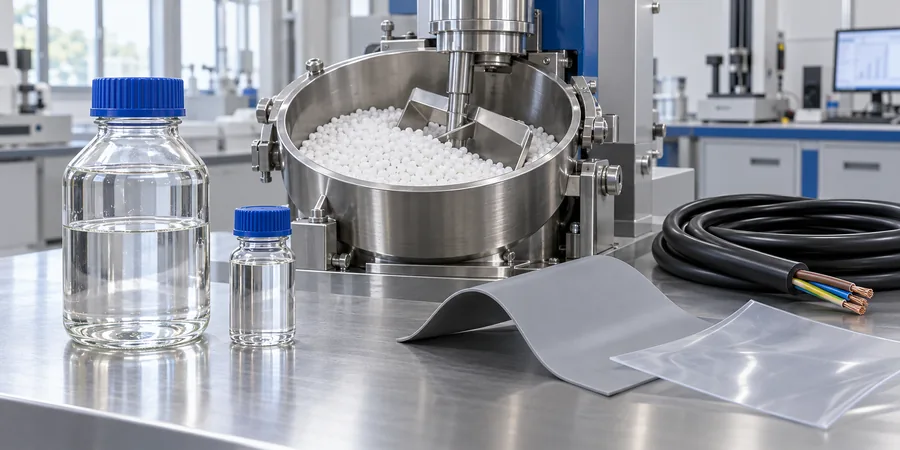 DOP DEHP liquid plasticizer with PVC resin compounding equipment, flexible cable and vinyl sheet samples