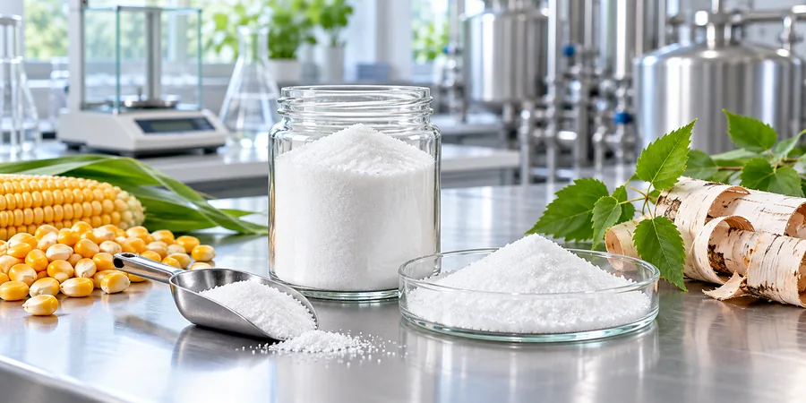 Plant-derived D-mannose crystalline powder with corn and birch source materials in a quality-control laboratory