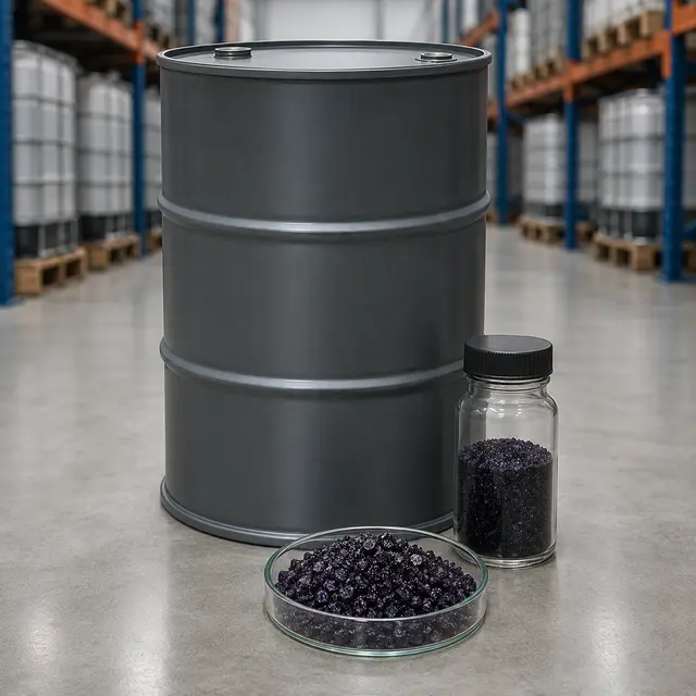 Industrial potassium permanganate crystals and chemical drum in warehouse